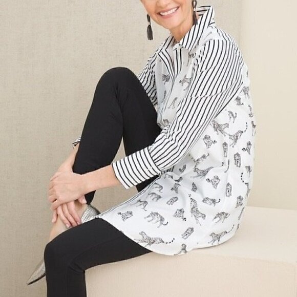 CHICO'S No Iron Button down Tunic Cheetah and Stripe Top Classic Style - Picture 3 of 12